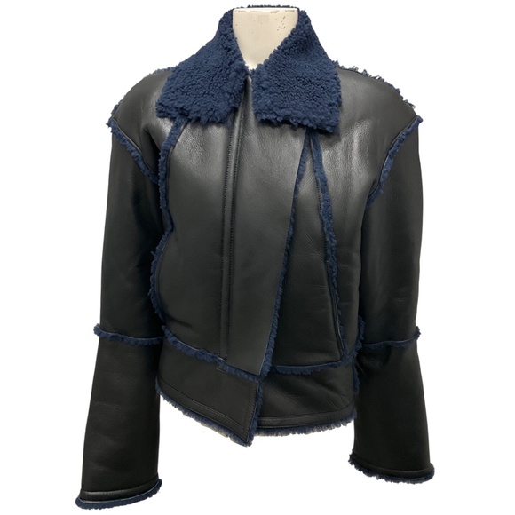 CHRISTOPHER ESBER FALL 2024 BLUE GRAPHITE AVIATOR SHEARLING AND LEATHER JACKET - Picture 1 of 6